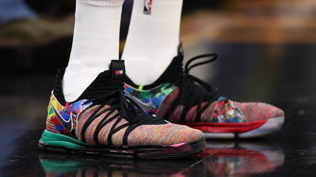 CLEVELAND, OH - JUNE 06: A detail of Kevin Durant #35 of the Golden State Warriors Nike KD 10 shoes during Game Three of the 2018 NBA Finals against the Cleveland Cavaliers at Quicken Loans Arena on June 6, 2018 in Cleveland, Ohio.