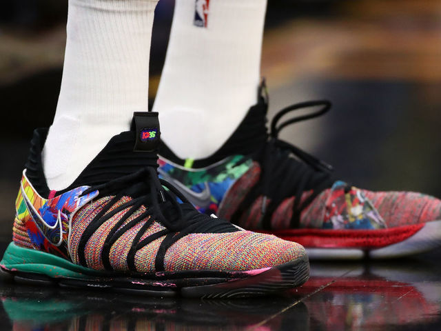 CLEVELAND, OH - JUNE 06: A detail of Kevin Durant #35 of the Golden State Warriors Nike KD 10 shoes during Game Three of the 2018 NBA Finals against the Cleveland Cavaliers at Quicken Loans Arena on June 6, 2018 in Cleveland, Ohio.