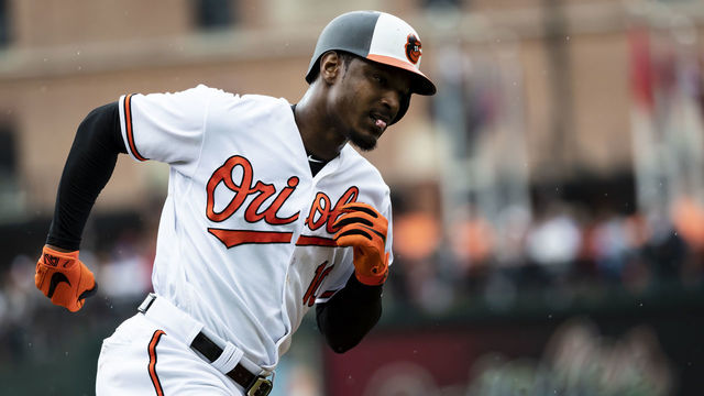 BALTIMORE, MD - MAY 16: Adam Jones #10 of the Baltimore Orioles hits a home run during the first inning against the Philadelphia Phillies at Oriole Park at Camden Yards on May 16, 2018 in Baltimore, Maryland.