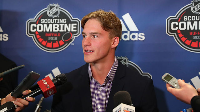 BUFFALO, NY - JUNE 1: Andrei Svechnikov speaks at the Top Prospects Media Availability at the NHL Scouting Combine on June 1, 2018 at HarborCenter in Buffalo, New York.