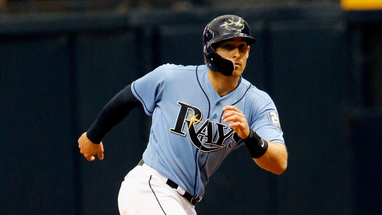 ST. PETERSBURG, FL - APRIL 22: Brad Miller #13 of the Tampa Bay Rays returns to first base during the first inning of the game against the Minnesota Twins at Tropicana Field on April 22, 2018 in St. Petersburg, Florida.