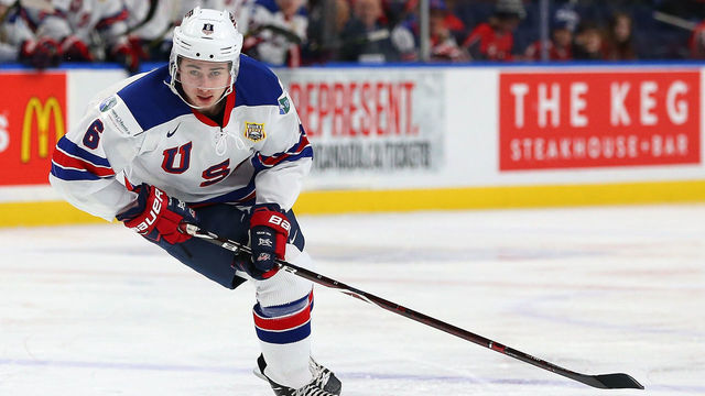 BUFFALO, NY - JANUARY 5: Quinn Hughes #6 of United States against Czech Republic during the Bronze Medal Game of the IIHF World Junior Championship at KeyBank Center on January 5, 2018 in Buffalo, New York.