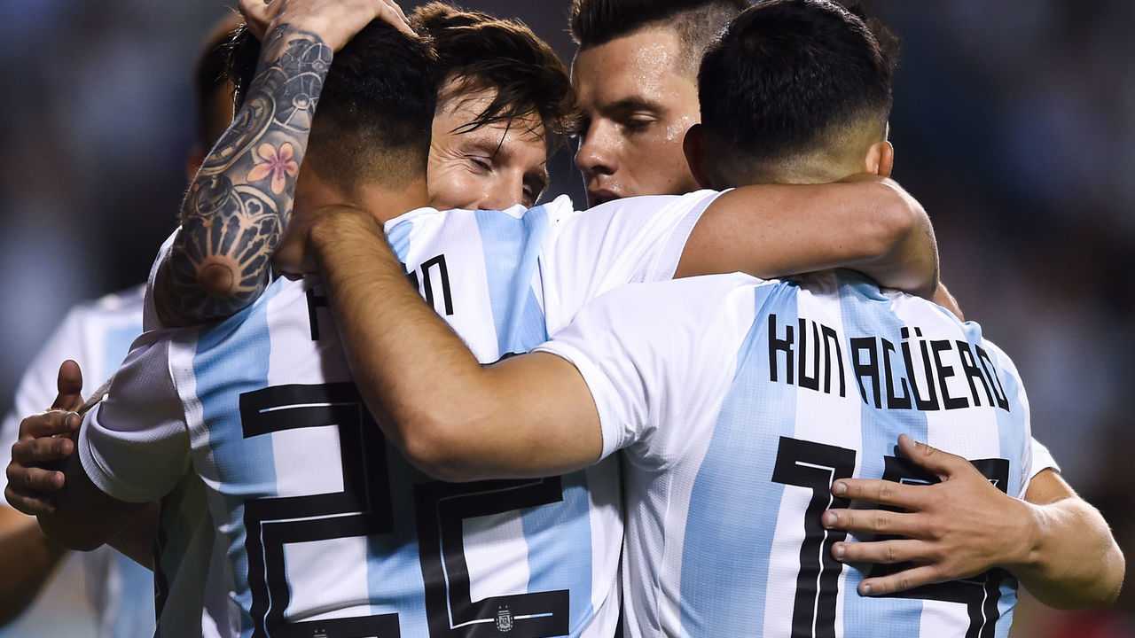 BUENOS AIRES, ARGENTINA - MAY 29: Lionel Messi of Argentina celebrates with teammates after scoring the third goal of his team during an international friendly match between Argentina and Haiti at Alberto J. Armando Stadium on May 29, 2018 in Buenos Aires, Argentina.