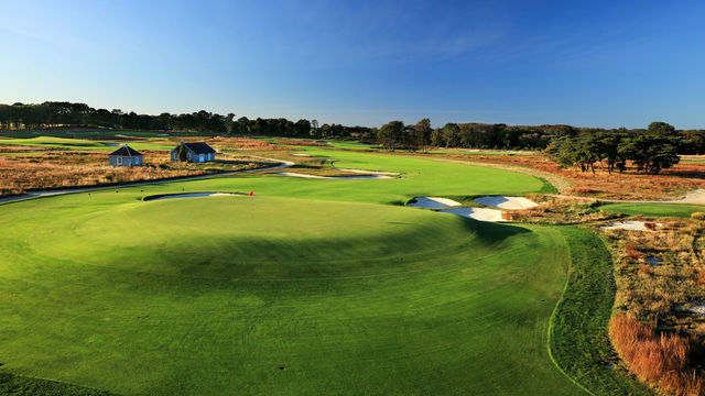 SOUTHAMPTON, NY - OCTOBER 03: EDITORS NOTE: Polarising filter used on the camera in this image: A view from behind the green on the 475 yards par 4, fourth hole 'Pump House' at Shinnecock Hills Golf Club the host venue for the 2018 US Open Championship on October 3, 2017 in Southampton, New York.