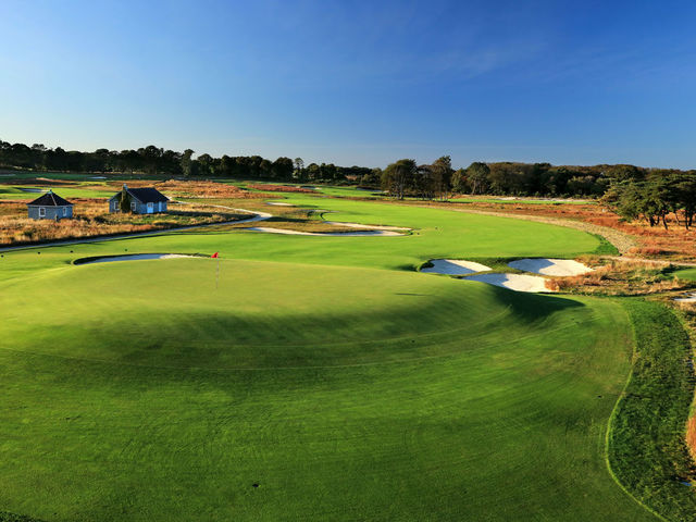 SOUTHAMPTON, NY - OCTOBER 03: EDITORS NOTE: Polarising filter used on the camera in this image: A view from behind the green on the 475 yards par 4, fourth hole 'Pump House' at Shinnecock Hills Golf Club the host venue for the 2018 US Open Championship on October 3, 2017 in Southampton, New York.