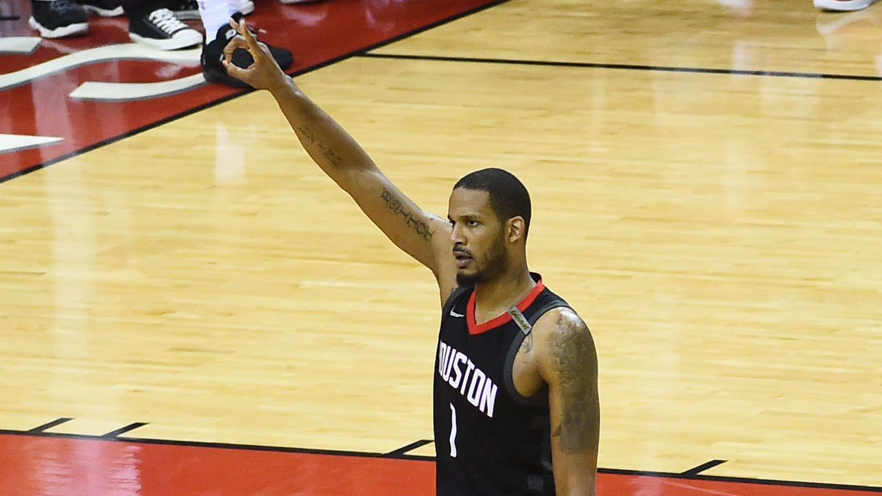 HOUSTON, TX - MAY 24: Trevor Ariza #1 of the Houston Rockets reacts against the Golden State Warriors in Game Five of the Western Conference Finals during the 2018 NBA Playoffs on May 24, 2018 at the Toyota Center in Houston, Texas. Mandatory Copyright Notice: Copyright 2018 NBAE