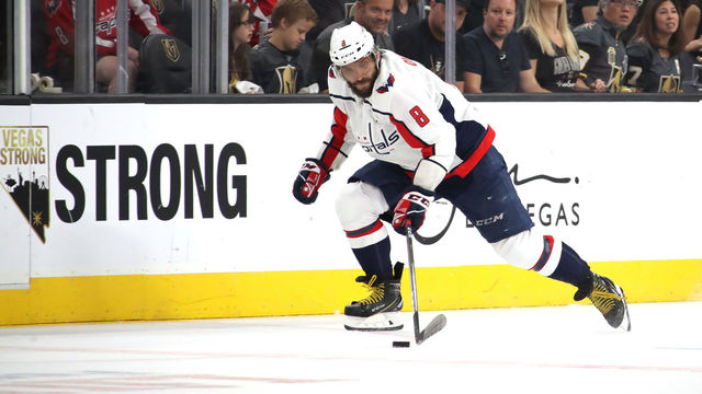 LAS VEGAS, NV - JUNE 07: Alex Ovechkin #8 of the Washington Capitals carries the puck against the Vegas Golden Knights during the first period in Game Five of the 2018 NHL Stanley Cup Final at T-Mobile Arena on June 7, 2018 in Las Vegas, Nevada.