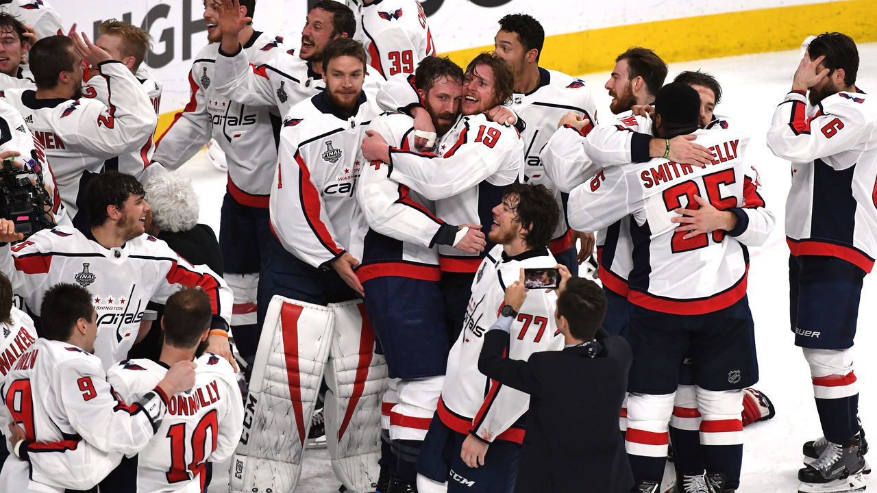 LAS VEGAS, NV - JUNE 07: The Washington Capitals celebrate their 4-3 win over the Vegas Golden Knights to win the Stanley Cup in Game Five of the 2018 NHL Stanley Cup Final at T-Mobile Arena on June 7, 2018 in Las Vegas, Nevada.