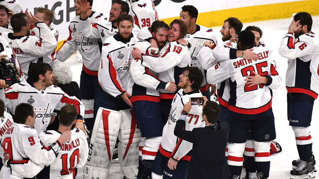 LAS VEGAS, NV - JUNE 07: The Washington Capitals celebrate their 4-3 win over the Vegas Golden Knights to win the Stanley Cup in Game Five of the 2018 NHL Stanley Cup Final at T-Mobile Arena on June 7, 2018 in Las Vegas, Nevada.