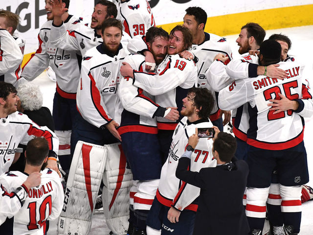 LAS VEGAS, NV - JUNE 07: The Washington Capitals celebrate their 4-3 win over the Vegas Golden Knights to win the Stanley Cup in Game Five of the 2018 NHL Stanley Cup Final at T-Mobile Arena on June 7, 2018 in Las Vegas, Nevada.