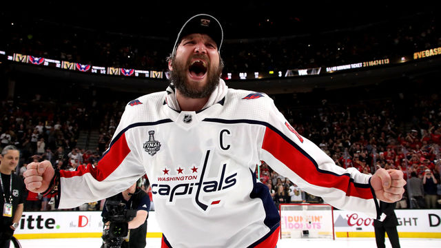 LAS VEGAS, NV - JUNE 07: Alex Ovechkin #8 of the Washington Capitals reacts after his team defeated the Vegas Golden Knights 4-3 in Game Five of the 2018 NHL Stanley Cup Final at T-Mobile Arena on June 7, 2018 in Las Vegas, Nevada.