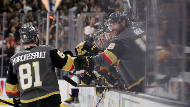 LAS VEGAS, NV - JUNE 07: Jonathan Marchessault #81 of the Vegas Golden Knights is congratulated by his teammates at the bench after scoring a second-period goal against the Washington Capitals in Game Five of the 2018 NHL Stanley Cup Final at T-Mobile Arena on June 7, 2018 in Las Vegas, Nevada.