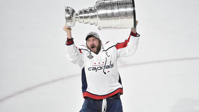 LAS VEGAS, NV - JUNE 07: Alex Ovechkin #8 of the Washington Capitals celebrates with the Stanley Cup after defeating the Vegas Golden Knights in Game Five of the Stanley Cup Final during the 2018 NHL Stanley Cup Playoffs at T-Mobile Arena on June 7, 2018 in Las Vegas, Nevada.