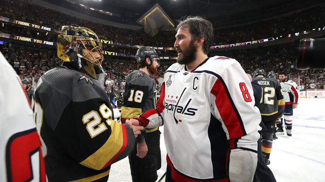 LAS VEGAS, NV - JUNE 07: Alex Ovechkin #8 of the Washington Capitals and Marc-Andre Fleury #29 of the Vegas Golden Knights shake hands after Game Five of the 2018 NHL Stanley Cup Final at T-Mobile Arena on June 7, 2018 in Las Vegas, Nevada.