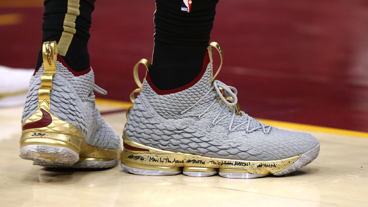 CLEVELAND, OH - JUNE 06: A detail of LeBron James #23 of the Cleveland Cavaliers Nike Lebron 15's during Game Three of the 2018 NBA Finals against the Golden State Warriors at Quicken Loans Arena on June 6, 2018 in Cleveland, Ohio.