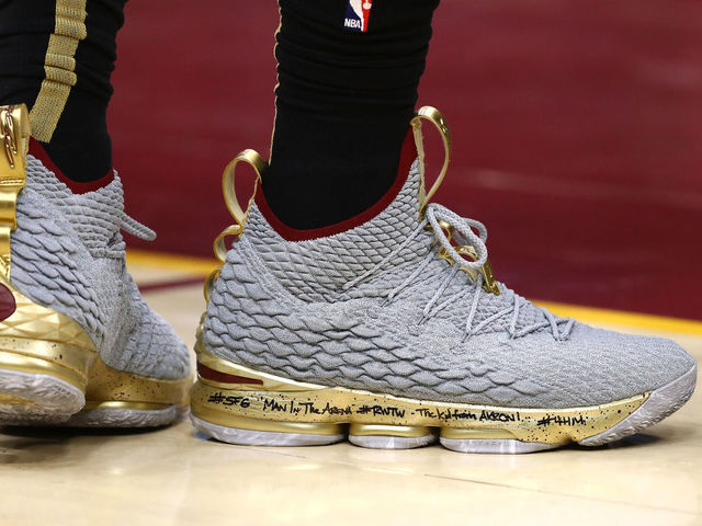 CLEVELAND, OH - JUNE 06: A detail of LeBron James #23 of the Cleveland Cavaliers Nike Lebron 15's during Game Three of the 2018 NBA Finals against the Golden State Warriors at Quicken Loans Arena on June 6, 2018 in Cleveland, Ohio.