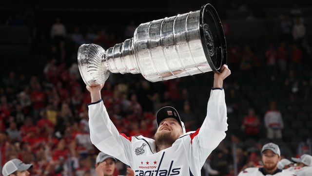 LAS VEGAS, NV - JUNE 07: Nathan Walker #79 of the Washington Capitals celebrates with the Stanley Cup after their team defeated the Vegas Golden Knights 4-3 in Game Five of the 2018 NHL Stanley Cup Final at T-Mobile Arena on June 7, 2018 in Las Vegas, Nevada. The Capitals won the series four games to one.
