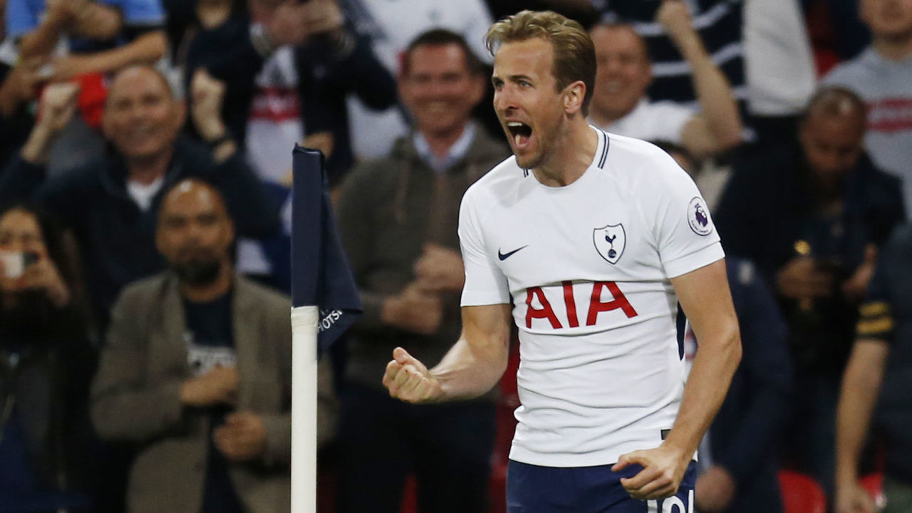 Tottenham Hotspur's English striker Harry Kane celebrates after scoring during the English Premier League football match between Tottenham Hotspur and Newcastle United at Wembley Stadium in London, on May 9, 2018.