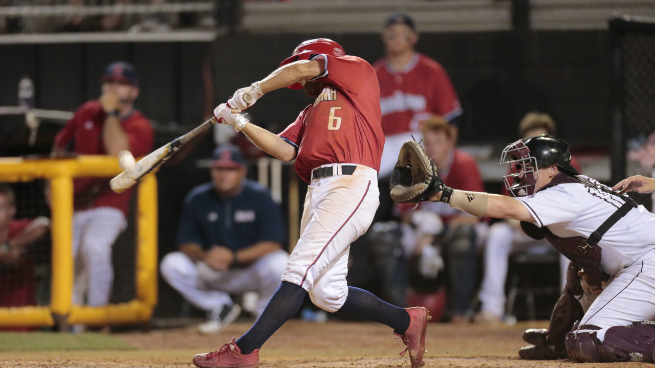 HATTIESBURG, MS - JUNE 04: South Alabama infielder Drew LaBounty (6) gets a hit during an NCAA Division I Regional baseball game between the Mississippi State Bulldogs and the South Alabama Jaguars on June 04, 2017 at Pete Taylor Park, Hattiesburg, MS.