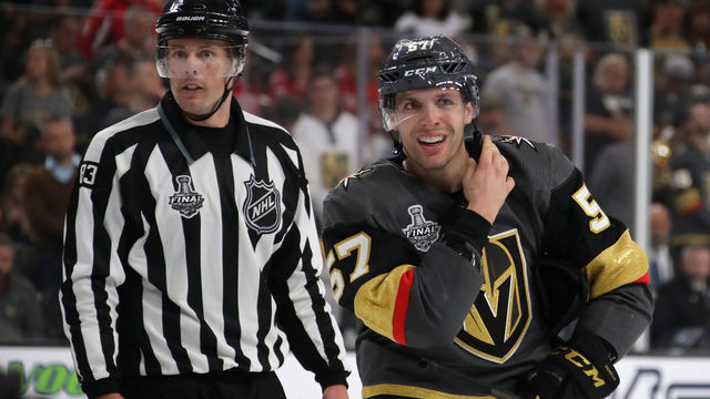 LAS VEGAS, NV - JUNE 07: David Perron #57 of the Vegas Golden Knights reacts against the Washington Capitals during the second period in Game Five of the 2018 NHL Stanley Cup Final at T-Mobile Arena on June 7, 2018 in Las Vegas, Nevada. The Capitals defeated the Golden Knights 4-3.