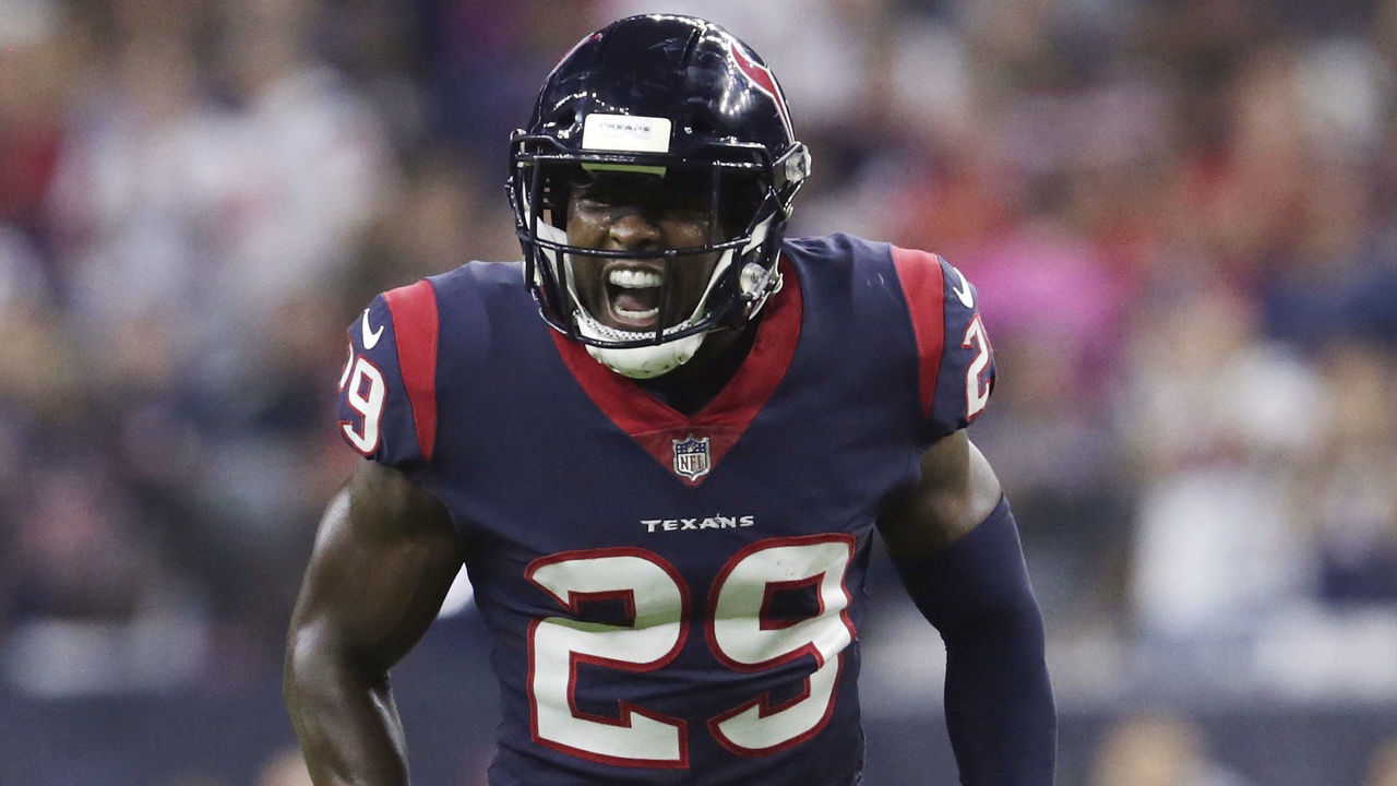 HOUSTON, TX - OCTOBER 08: Andre Hal #29 of the Houston Texans celebrates a tackle against the Kansas City Chiefs in the first quarter at NRG Stadium on October 8, 2017 in Houston, Texas.