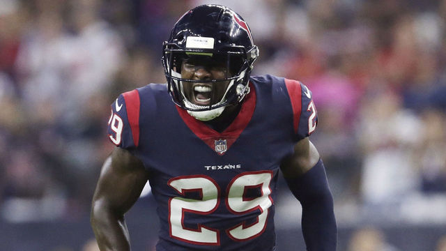 HOUSTON, TX - OCTOBER 08: Andre Hal #29 of the Houston Texans celebrates a tackle against the Kansas City Chiefs in the first quarter at NRG Stadium on October 8, 2017 in Houston, Texas.