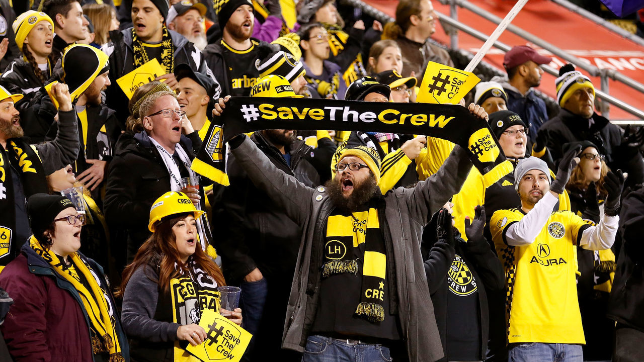 COLUMBUS, OH - NOVEMBER 21: A fan of the Columbus Crew SC holds up a scarf showing his support for keeping the team in Columbus prior to the start of the match between the Columbus Crew SC and the Toronto FC at MAPFRE Stadium on November 21, 2017 in Columbus, Ohio.