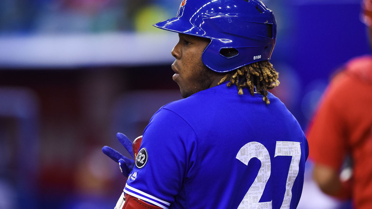 MONTREAL, QC - MARCH 27: Look on Toronto Blue Jays infielder Vladimir Guerrero Jr. (27) during the St. Louis Cardinals versus the Toronto Blue Jays spring training game on March 27, 2018, at Olympic Stadium in Montreal, QC