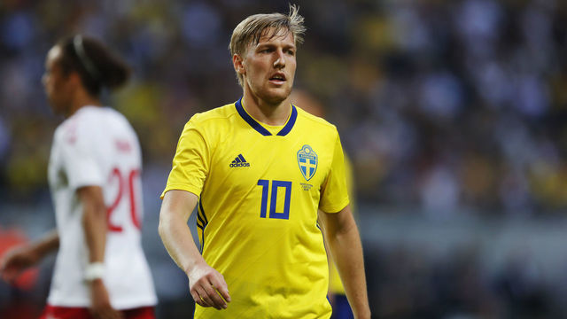 STOCKHOLM, SWEDEN - JUNE 02: Emil Forsberg of Sweden during the International Friendly match between Sweden and Denmark at Friends Arena on June 2, 2018 in Solna, Sweden.