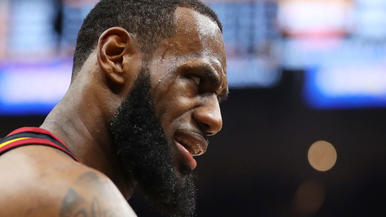 CLEVELAND, OH - JUNE 06: LeBron James #23 of the Cleveland Cavaliers reacts against the Golden State Warriors during Game Three of the 2018 NBA Finals at Quicken Loans Arena on June 6, 2018 in Cleveland, Ohio.