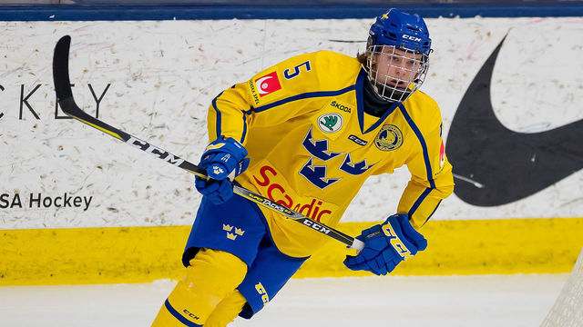 PLYMOUTH, MI - FEBRUARY 15: Adam Boqvist #3 of the Sweden Nationals turns up ice against the Finland Nationals during the 2018 Under-18 Five Nations Tournament game at USA Hockey Arena on February 15, 2018 in Plymouth, Michigan. Finland defeated Sweden 5-3. *** Local Caption *** Adam Boqvist