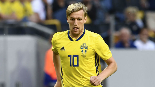Sweden's midfielder Emil Forsberg controls the ball during the international friendly footbal match Sweden v Denmark in Solna, Sweden on June 2, 2018.