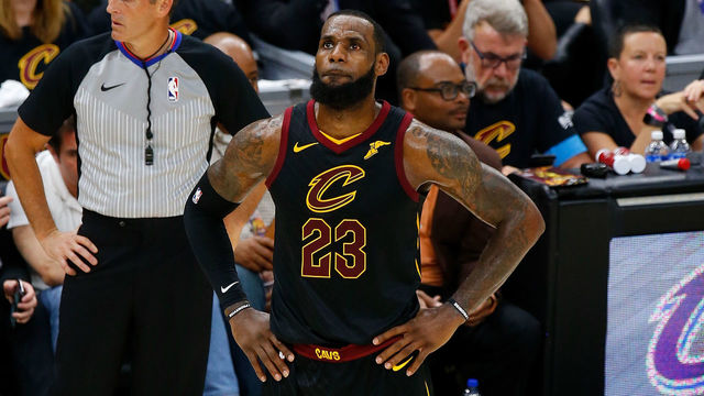 CLEVELAND, OH - JUNE 08: LeBron James #23 of the Cleveland Cavaliers reacts against the Golden State Warriors during Game Four of the 2018 NBA Finals at Quicken Loans Arena on June 8, 2018 in Cleveland, Ohio.