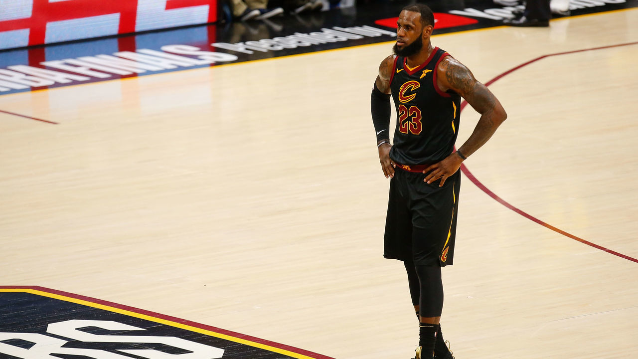 CLEVELAND, OH - JUNE 08: LeBron James #23 of the Cleveland Cavaliers reacts against the Golden State Warriors during Game Four of the 2018 NBA Finals at Quicken Loans Arena on June 8, 2018 in Cleveland, Ohio.