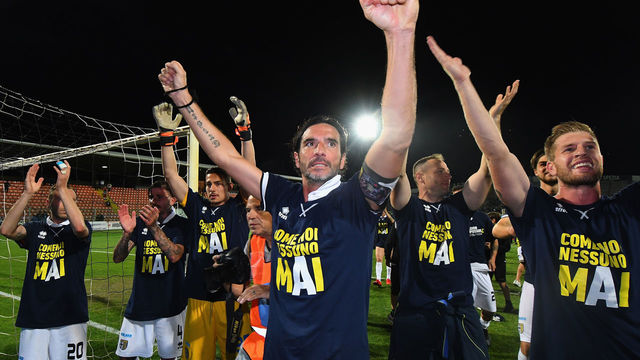LA SPEZIA, ITALY - MAY 18: Alessandro Lucarelli of Parma Calcio celebrates the victory after the Serie B match between AC Spezia and Parma Calcio at Stadio Alberto Picco on May 18, 2018 in La Spezia, Italy.