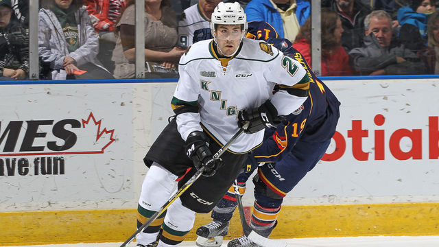 LONDON, ON - NOVEMBER 25: Evan Bouchard #2 of the London Knights skates away with the puck against the Barrie Colts during an OHL game at Budweiser Gardens on November 25, 2016 in London, Ontario, Canada. The Knights defeated the Colts 4-1.