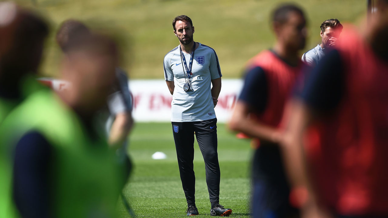 BURTON-UPON-TRENT, ENGLAND - MAY 22: England Manager, Gareth Southgate looks on during an England training session at St Georges Park on May 22, 2018 in Burton-upon-Trent, England.