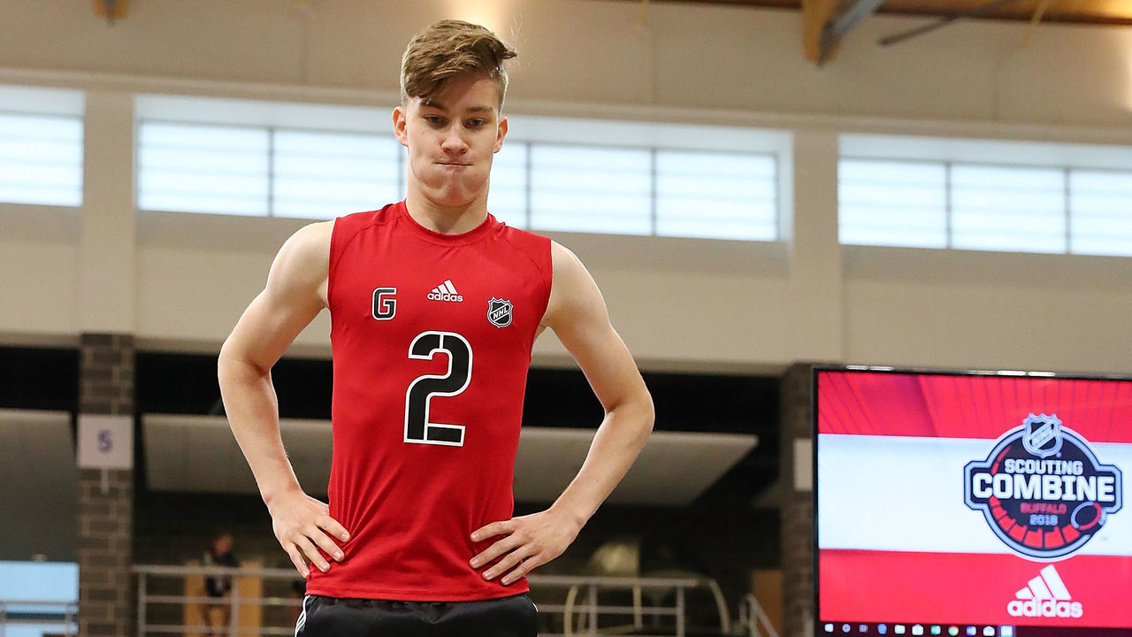 BUFFALO, NY - JUNE 2: Lukas Dostal performs at the jump station during the NHL Scouting Combine on June 2, 2018 at HarborCenter in Buffalo, New York.