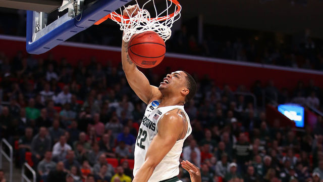 DETROIT, MI - MARCH 18: Miles Bridges #22 of the Michigan State Spartans dunks the ball during the second half against the Syracuse Orange in the second round of the 2018 NCAA Men's Basketball Tournament at Little Caesars Arena on March 18, 2018 in Detroit, Michigan.