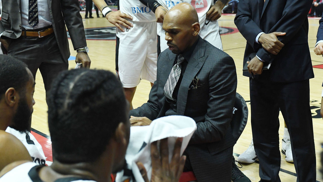 MISSISSAUGA, CANADA - APRIL 10: Coach Jerry Stackhouse of the Raptors 905 huddles with his team during the game against the Austin Spurs during Round Two of the NBA G-League playoffs on April 10, 2018 at the Hershey Centre in Mississauga, Ontario, Canada. Mandatory Copyright Notice: Copyright 2018 NBAE