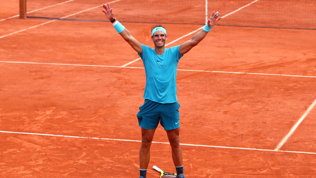 PARIS, FRANCE - JUNE 10: Rafael Nadal of Spain celebrates victory following the mens singles final against Dominic Thiem of Austria during day fifteen of the 2018 French Open at Roland Garros on June 10, 2018 in Paris, France.