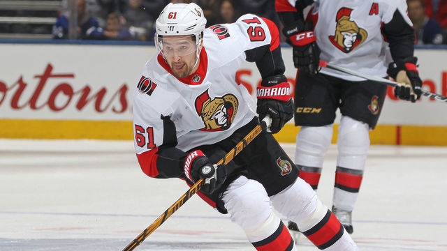 TORONTO, ON - FEBRUARY 10: Mark Stone #61 of the Ottawa Senators skates with the puck against the Toronto Maple Leafs during an NHL game at the Air Canada Centre on February 10, 2018 in Toronto, Ontario, Canada. The Maple Leafs defeated the Senators 6-3.