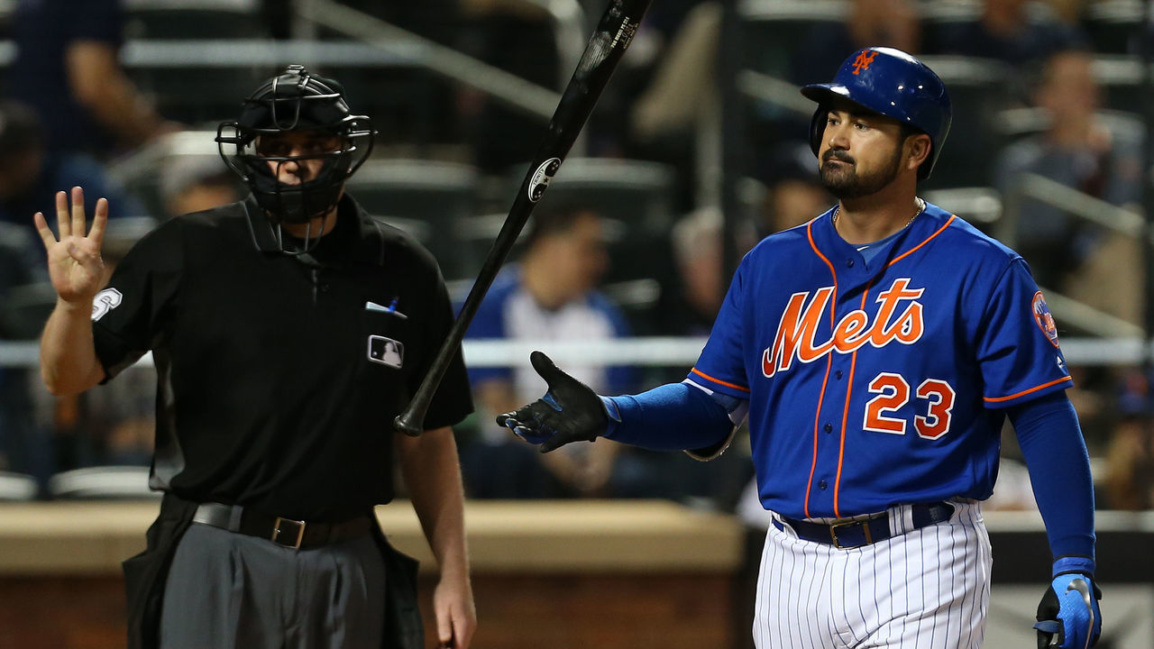 NEW YORK, NY - JUNE 10: Adrian Gonzalez #23 of the New York Mets flips his bat after striking out against the New York Yankees during the fourth inning of a game at Citi Field on June 10, 2018 in the Flushing neighborhood of the Queens borough of New York City.