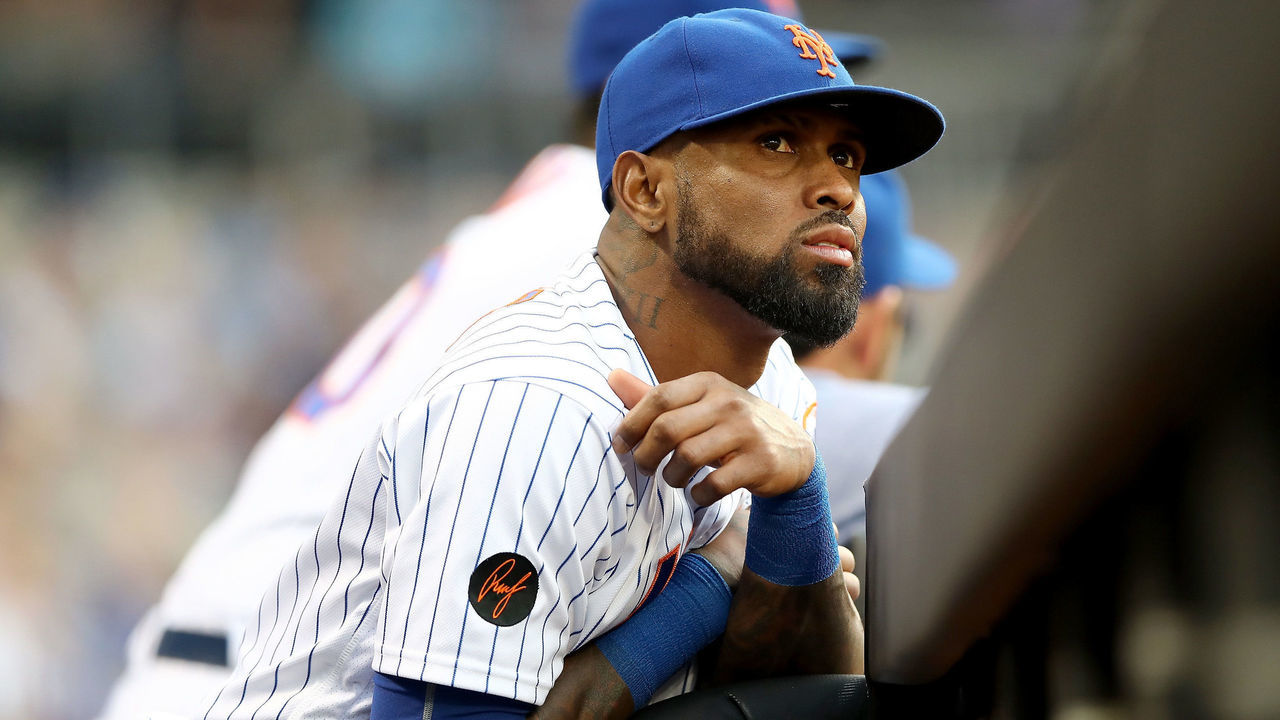 NEW YORK, NY - MAY 02: Jose Reyes #7 of the New York Mets looks on from the dugout in the first inning against the Atlanta Braves on May 2, 2018 at Citi Field in the Flushing neighborhood of the Queens borough of New York City.
