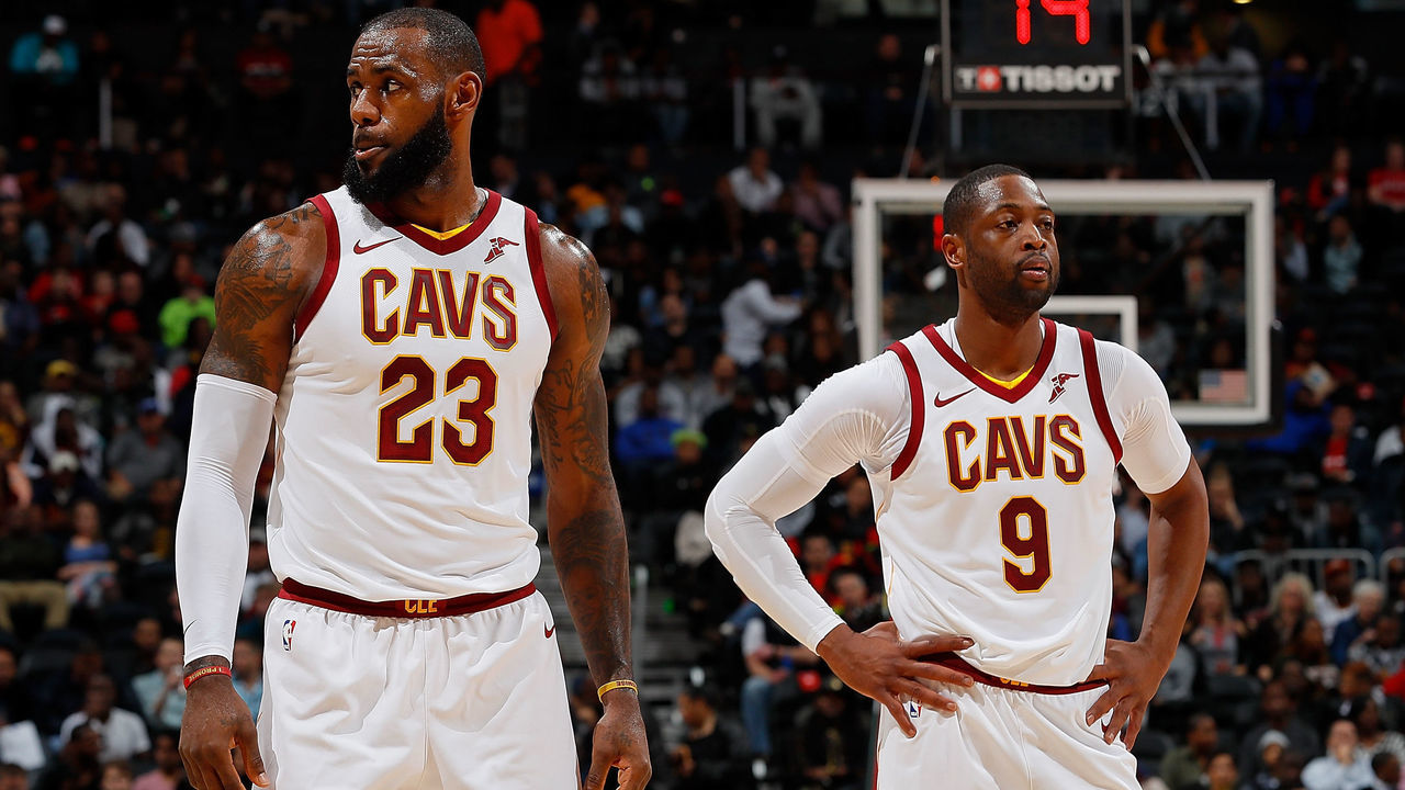 ATLANTA, GA - NOVEMBER 30: LeBron James #23 and Dwyane Wade #9 of the Cleveland Cavaliers look on during the game against the Atlanta Hawks at Philips Arena on November 30, 2017 in Atlanta, Georgia.