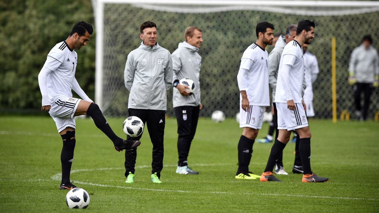Iran's Masoud Shojaei (L) attends a training session in Bakovka outside Moscow on June 10, 2018, ahead of the Russia 2018 World Cup.