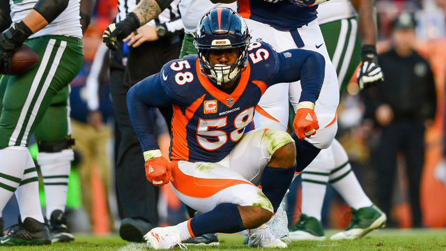 DENVER, CO - DECEMBER 10: Outside linebacker Von Miller #58 of the Denver Broncos celebrates along with Shelby Harris #96 after a sack against the New York Jets in the third quarter of a game at Sports Authority Field at Mile High on December 10, 2017 in Denver, Colorado.