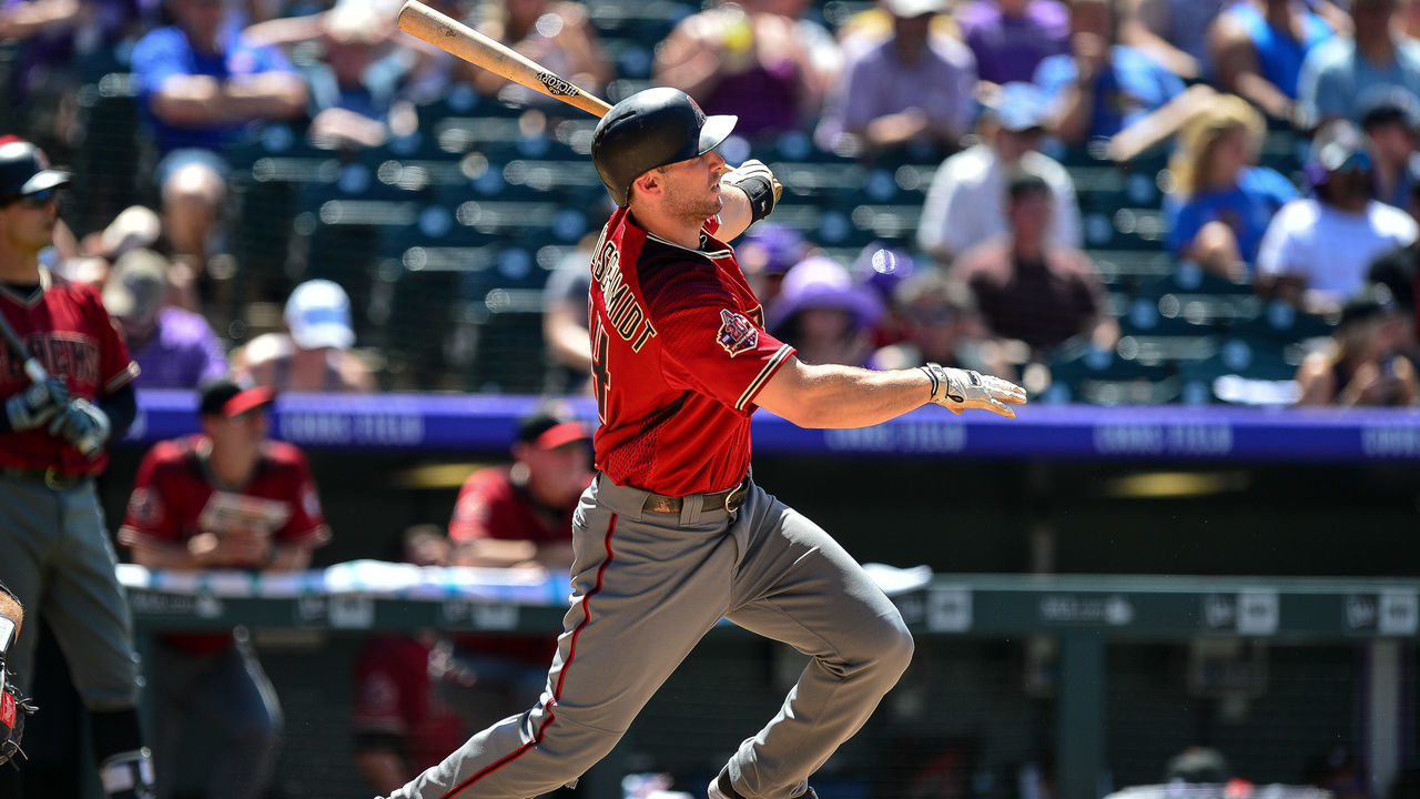 DENVER, CO - JUNE 10: Paul Goldschmidt #44 of the Arizona Diamondbacks hits a sixth inning double against the Colorado Rockies at Coors Field on June 10, 2018 in Denver, Colorado.