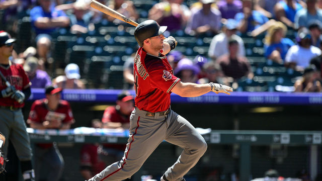 DENVER, CO - JUNE 10: Paul Goldschmidt #44 of the Arizona Diamondbacks hits a sixth inning double against the Colorado Rockies at Coors Field on June 10, 2018 in Denver, Colorado.