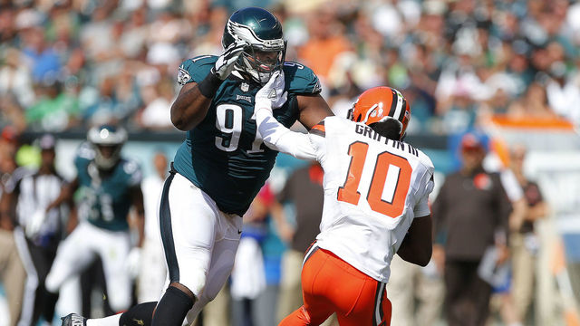 PHILADELPHIA, PA - SEPTEMBER 11: Fletcher Cox #91 of the Philadelphia Eagles sacks quarterback Robert Griffin III #10 of the Cleveland Browns during the third quarter at Lincoln Financial Field on September 11, 2016 in Philadelphia, Pennsylvania. The Eagles defeated the Browns 29-10.